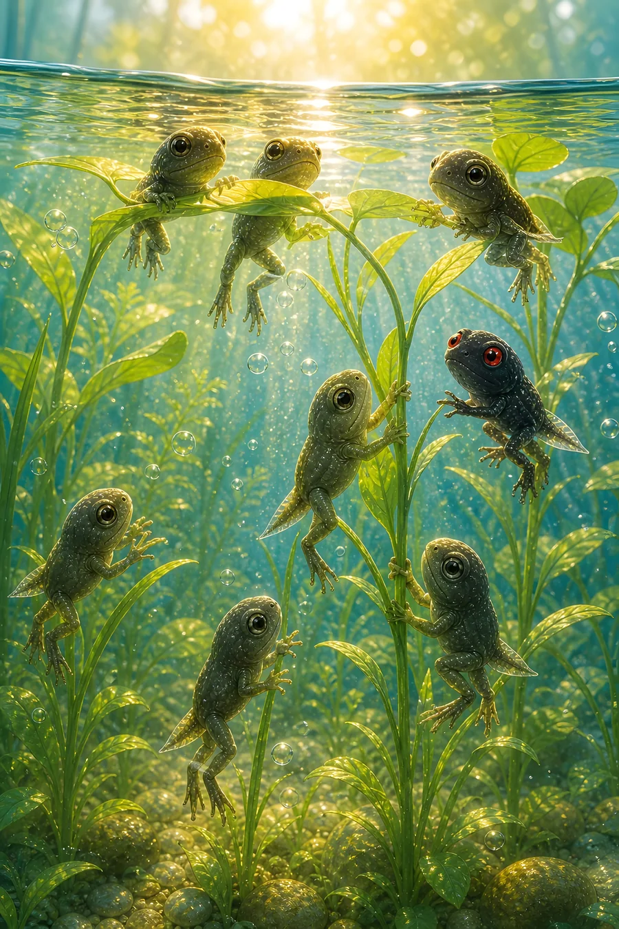 De jeunes crapauds à quatre pattes s'accrochent aux plantes sous l'eau, dont un aux yeux rouges