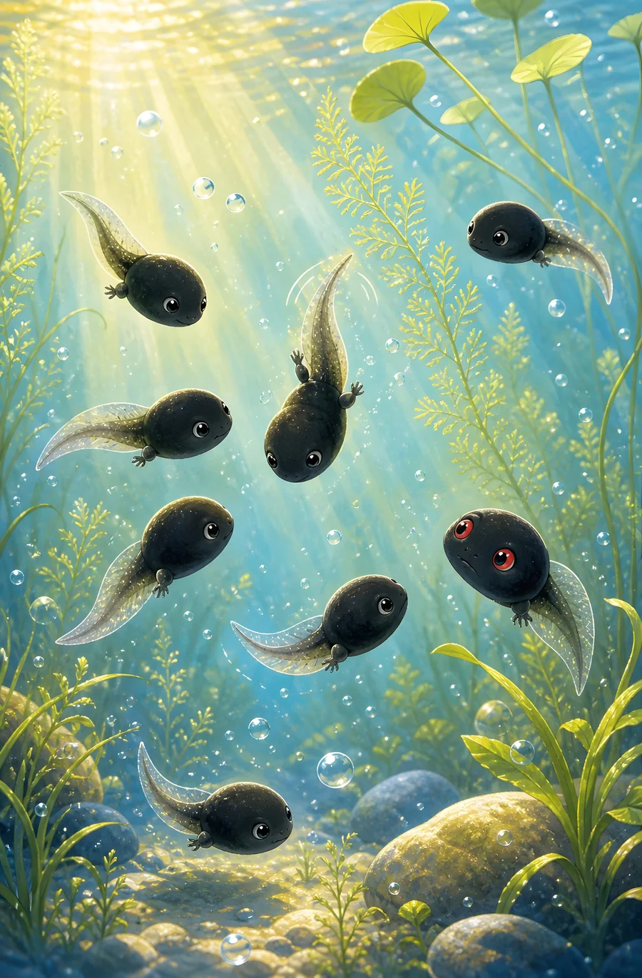 Des têtards noirs nagent parmi les plantes ; l'un d'eux a deux yeux rouges