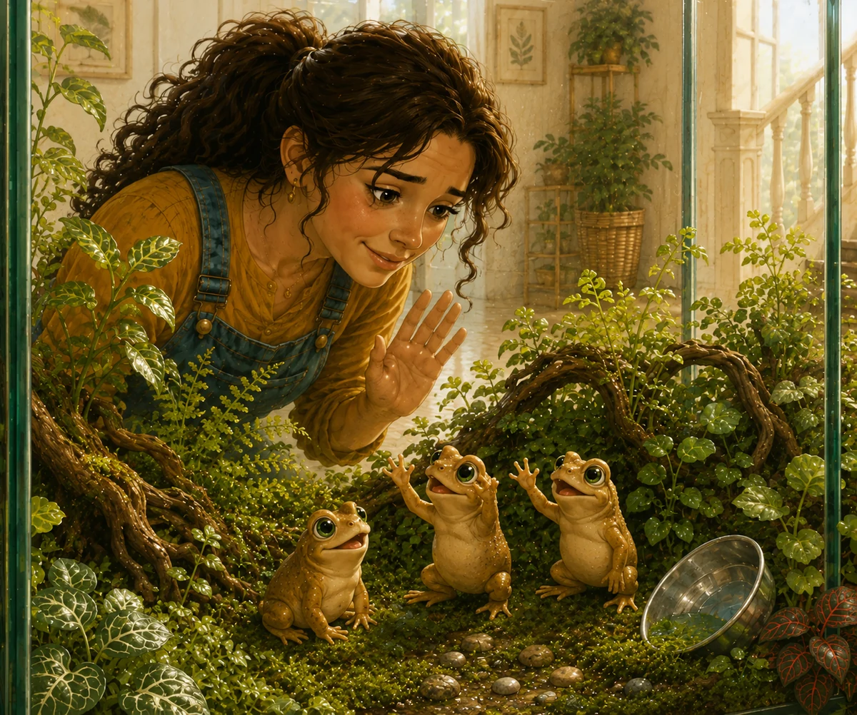 Sonia, penchée au-dessus du terrarium, salue de la main trois petits crapauds qui lui répondent