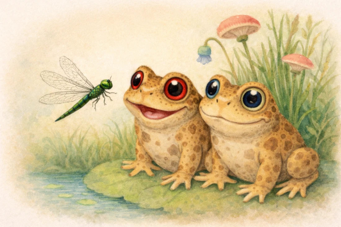 Crapaudet et sa sœur Nala, assis au bord de l'eau, regardent une libellule verte qui vole devant eux