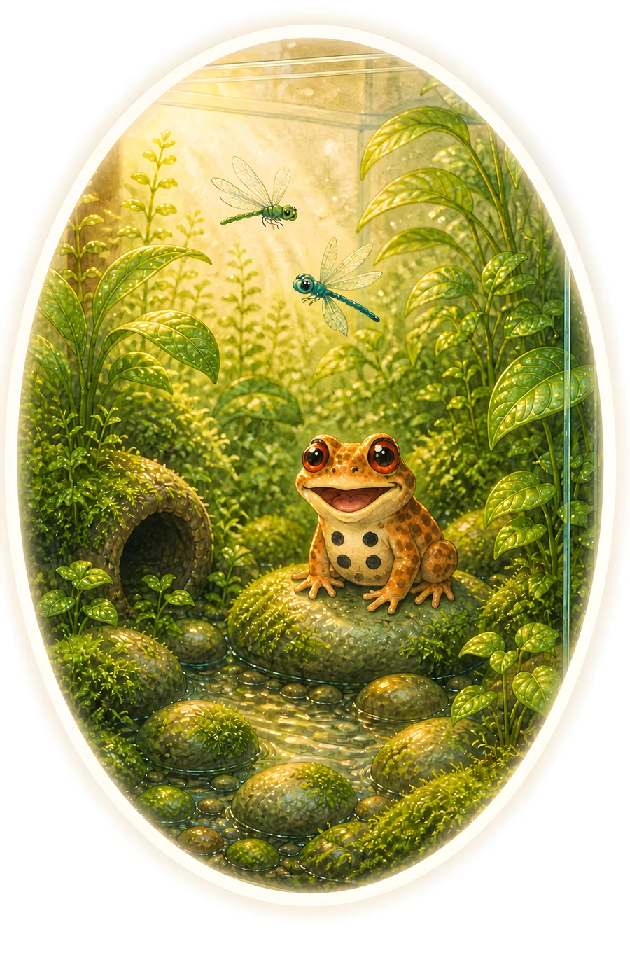 Crapaudet assis sur une pierre moussue dans son terrarium, deux libellules au-dessus de lui
