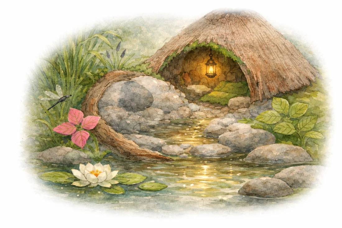 Une petite maison au toit de chaume, une lanterne allumée à l'entrée, au bord d'un ruisseau où passe une libellule