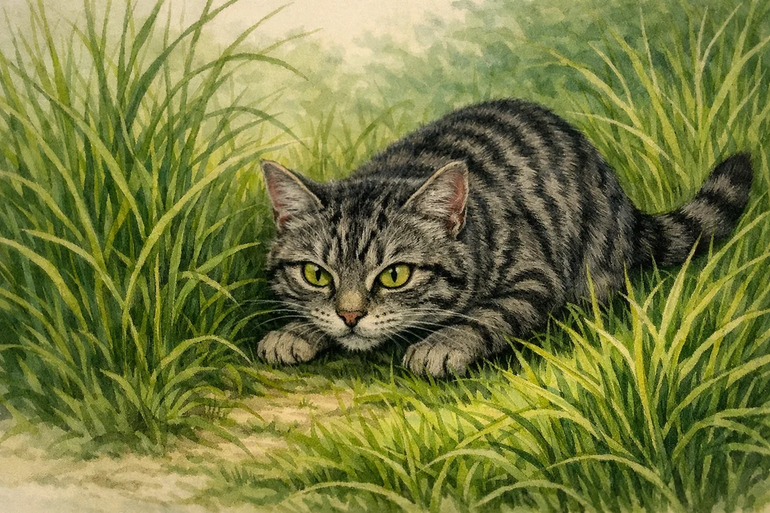 Minette, la chatte grise, tapie et immobile au milieu des hautes herbes