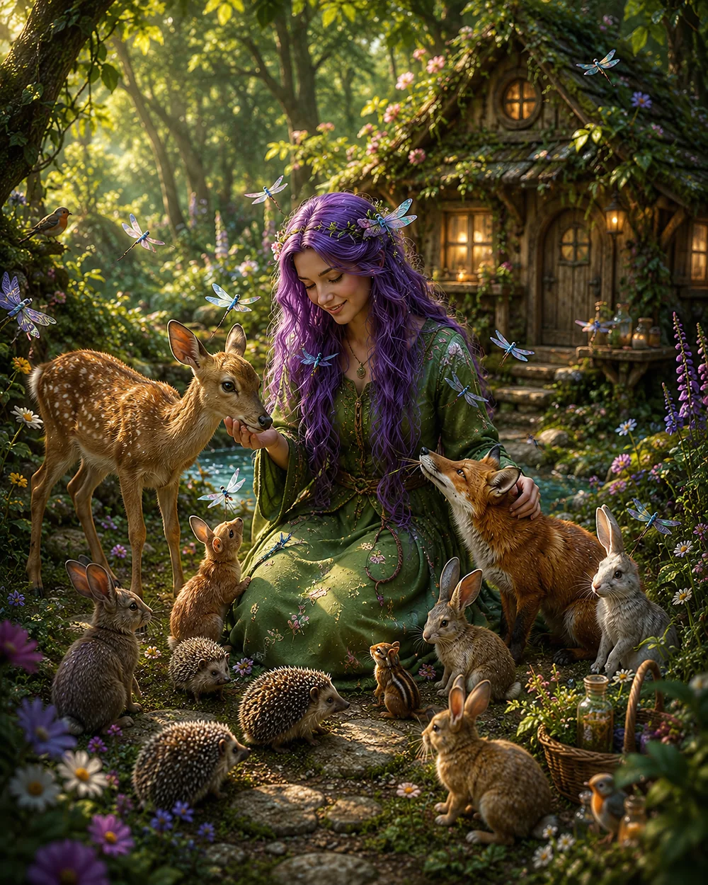 Violette de Compostelle entourée de ses animaux devant sa maison de la forêt