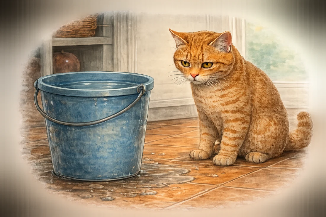Vizir, le gros chat roux, assis près d'un seau bleu au milieu d'une flaque d'eau sur le carrelage